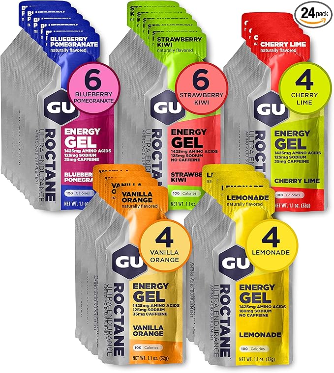 GU Energy Roctane Ultra Endurance Energy Gel, Vegan, Gluten-Free, Kosher, and Dairy-Free On-The-Go Sports Nutrition for Running, Biking, Hiking or Skiing, Assorted Flavors,24-Count