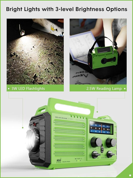 Raynic Weather Radio, 5000mAh/18500mWh Solar Hand Crank Emergency Radio, Battery Powered AM/FM/SW/NOAA Weather Alert Radio with Flashlight, Cell Phone Charger and SOS Siren for Power Outages (Green)