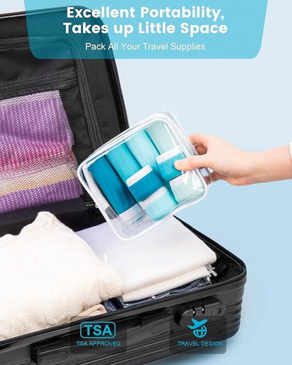 Travel Bottles for Toiletries, Travel Size Toiletries 10 Pack, Tsa Approved Travel Size Containers 3oz, with Travel Essentials Clear Bag, Leak Proof Silicone Squeezable Creams Jars