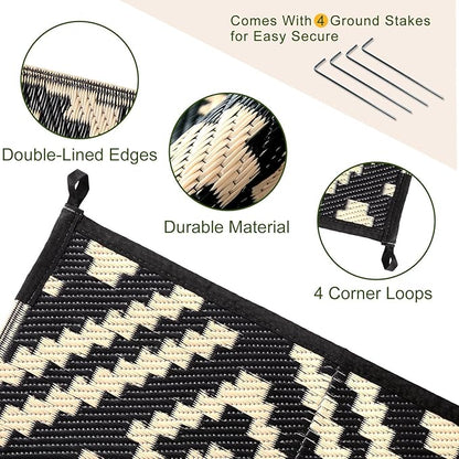 OPPODREAM Outdoor Rug 9x12 Patio Waterproof, Large Outdoor Plastic Straw Rug, Reversible Out Door Carpet Camping Essentials, Deck, Rv, 9 x 12 Area Carpet for Balcony, Porch, Backyard, Black & Beige