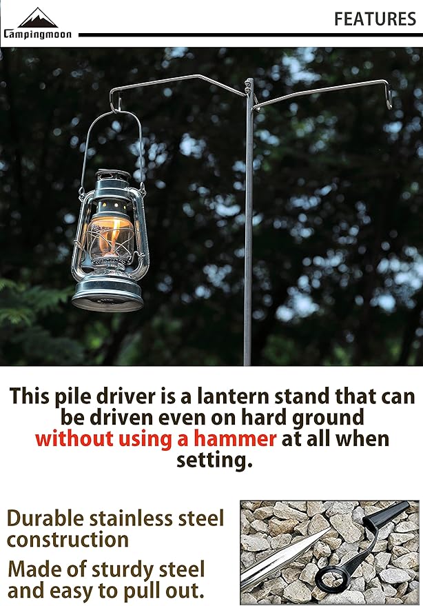 camping moon CAMPINGMOON Heavy Duty Stainless Steel Lantern Pile Driver Height Adjustable with Tripod Stand and Storage Bag D-240, D-243