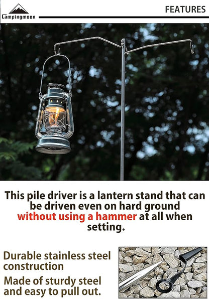 camping moon CAMPINGMOON Heavy Duty Stainless Steel Lantern Pile Driver Height Adjustable with Tripod Stand and Storage Bag D-240, D-243