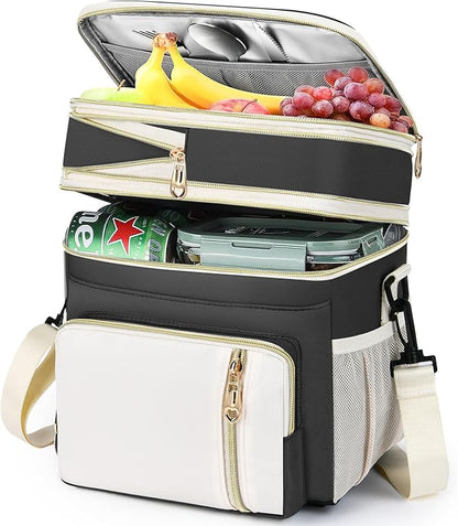 Lunch Box & Lunch Bag for Women Men, Large Insulated Adult Lunch Box Leakproof Lunchbox Cooler Bag for Work Picnic Beach,16L, Black & White