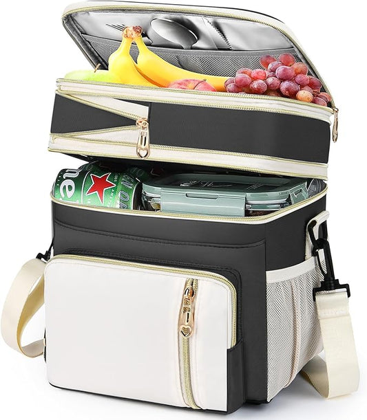 Lunch Box & Lunch Bag for Women Men, Large Insulated Adult Lunch Box Leakproof Lunchbox Cooler Bag for Work Picnic Beach,16L, Black & White