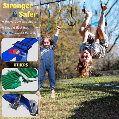Ninja Warrior Obstacle Course for Kids, 2×56ft Slackline Kit with 8 Ninja Accessories - Monkey Bar, Rope Ladder, Gymnastic Ring, Arm Trainer and Monkey Fist
