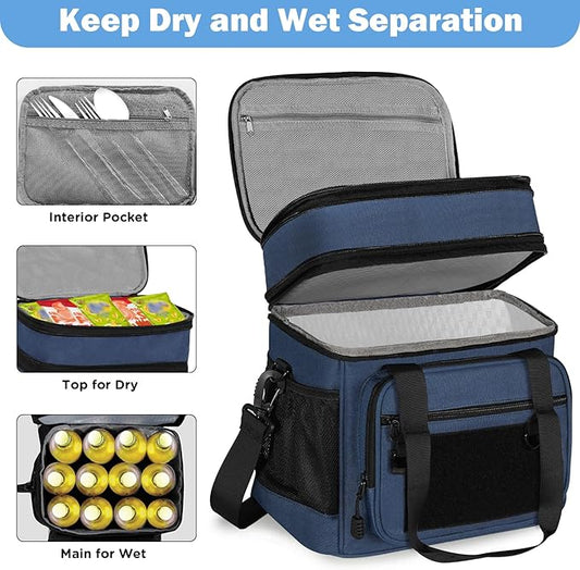 GLENKEY Double Deck Insulated Lunch Box, Expandable Large Lunch Bag Leakproof Cooler Bag Lunch Pail for Men Women Adults Work Shifts Travel Daytrip,16L,Blue