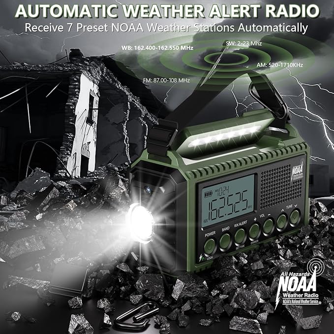 Emergency Weather Radio 12000mAh - Solar Hand Crank NOAA Weather Alert Radio with AM/FM/SW, Rechargeable Battery Charger, Flashlight, Reading Lamp & SOS Alarm, Portable Radio for Emergencies & Outdoor