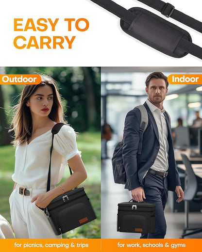 HOTOR Insulated Lunch Box for Men & Women - Leak-Proof Cooler Lunch Bag with 4 Pockets, Adjustable Strap, Ideal for Work, Picnic, Travel - Large, Black, 13.0"×7.9"×9.1"