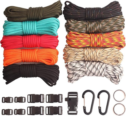 Paracord,Paracord 550 Combo Crafting Kits with 5 Types Buckles,20 Feet Each Paracord Rope (Light Rainbow Set 200feet) (C-Set)