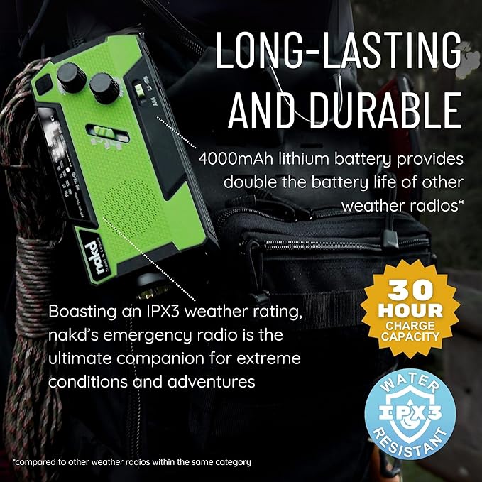Hand Crank Weather Emergency Radio: Dynamo, Solar, USB and Battery Powered - Upgraded 14800mWh Battery, Flashlight, NOAA Storm Alert, SOS Alarm, 3 External Charger Cables - Cell Phone Emergency Power