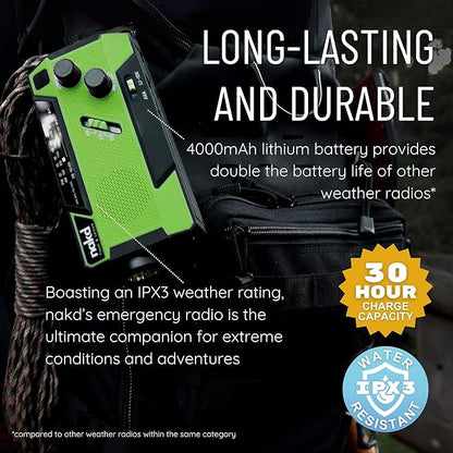 Hand Crank Weather Emergency Radio: Dynamo, Solar, USB and Battery Powered - Upgraded 14800mWh Battery, Flashlight, NOAA Storm Alert, SOS Alarm, 3 External Charger Cables - Cell Phone Emergency Power