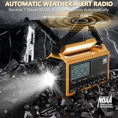 Emergency Radio12000mAh, Weather Radio 6 Ways Powered, Solar Hand Crank Radio Flashlight Cell Phone Charger, AUTO NOAA AM/FM/SW Portable Radio Rechargeable, Reading Lamp, SOS Alarm for Emergencies