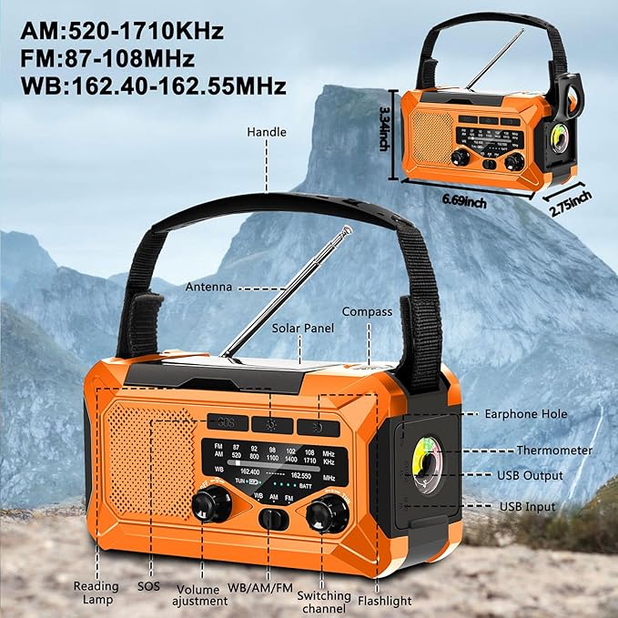 10000mAh Emergency Radio,Multi-Function AM/FM/NOAA Weather Radio,Hand Crank,USB Cable 3 Charging Methods,SOS Alarm,Flashlight,Phone Charger,Compass,Reading Lamp(Tangerine)