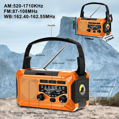 10000mAh Emergency Radio,Multi-Function AM/FM/NOAA Weather Radio,Hand Crank,USB Cable 3 Charging Methods,SOS Alarm,Flashlight,Phone Charger,Compass,Reading Lamp(Tangerine)