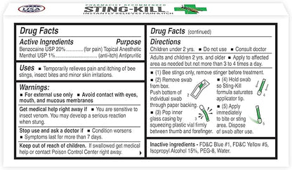 Sting-kill First Aid Anesthetic Swabs, Instant Pain + Itch Relief from Bee Stings and Bug Bites, 10-Count