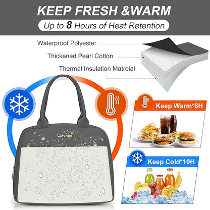 LOKASS Lunch Bag for Women-Insulated Adults Lunch Box with Front Pocket- Small Cute Lunch Tote for Work-Reusable Cooler Bag for Office Picnic Beach or Travel (Dark Grey)