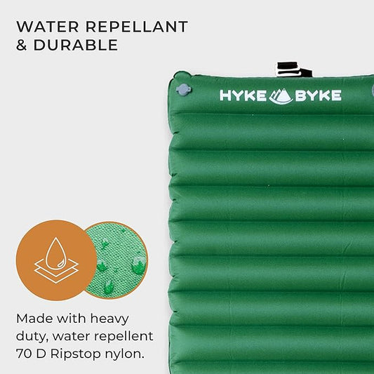 Hyke & Byke Appalachian Inflatable Sleeping Pad for Camping and Backpacking - WR 70 D Ripstop Nylon Fabric - 76 x 24 in - Long - Gray Green