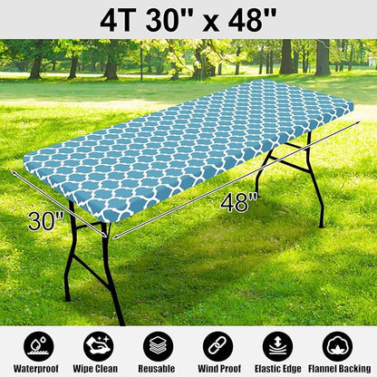 Smiry Rectangle Picnic Table Cover, Waterproof Elastic Fitted Camping Tablecloths for 4 Foot Tables, Wipeable Flannel Backed Vinyl Tablecloth Protector for Indoor, Outdoor (Light Blue, 30x48 Inches)