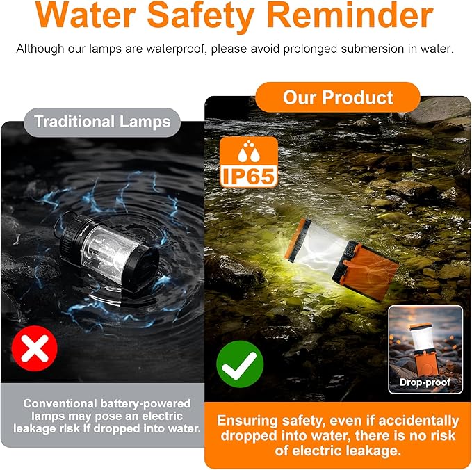 Saltwater Camping Lantern, LED, Orange, Waterproof, 3.54"L x 3.54"W x 9.84"H, 350 Lumen, 150 Hour Battery Life, Solar Powered, 5V, Emergency, Hiking, Camping, Hurricane