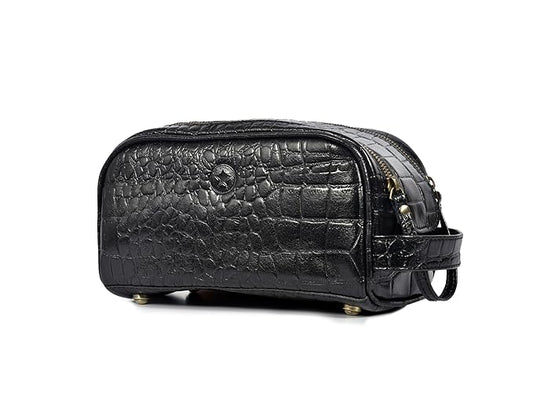 10" Premium Leather Toiletry Travel Pouch With Waterproof Lining | King-Size Handcrafted Vintage Dopp kit By Aaron Leather Goods (Grease Black)