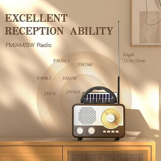 Radio Portable AM FM SW Bluetooth Speaker Vintage Radios with Phone Stand TF Card/AUX/USB Small Retro Radio Battery Powered&Solar for Outdoor Old Vintage Decor Birthday Gifts for Women,Men,Dad