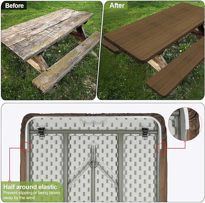 Picnic Table Cover with Bench Covers Camping Essentials Waterproof Windproof Camping Tablecloth with Drawstring Bag, Fitted Rectangle Tables and Seats, 60in, Dark Brown