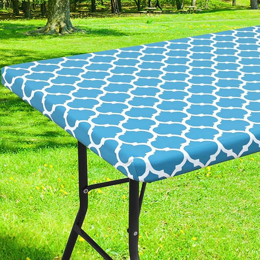 Smiry Rectangle Picnic Table Cover, Waterproof Elastic Fitted Camping Tablecloths for 4 Foot Tables, Wipeable Flannel Backed Vinyl Tablecloth Protector for Indoor, Outdoor (Light Blue, 24x48 Inches)