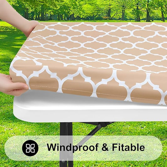 Smiry Rectangle Picnic Table Cover, Waterproof Elastic Fitted Camping Tablecloths for 5 Foot Tables, Wipeable Flannel Backed Vinyl Tablecloth Protector for Indoor, Outdoor (Khaki, 36x60 Inches)
