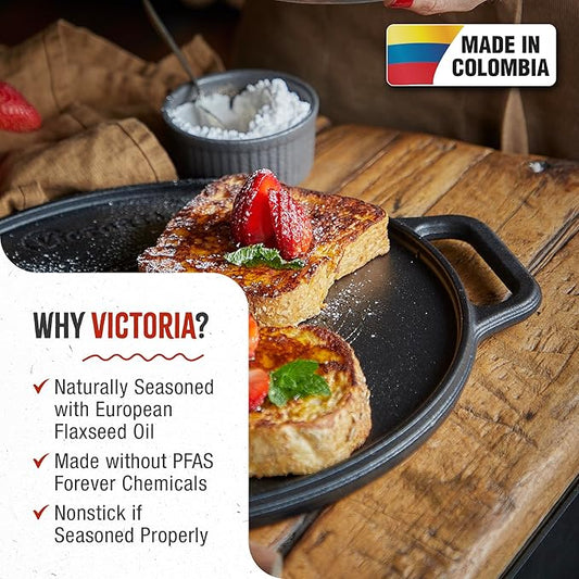 Victoria Round Cast Iron Grill. Double Burner Griddle, with Removable Coil Handles Seasoned with 100% KoBibir Certified Non-GMO Flaxseed Oil, 12.5 Inch, Black