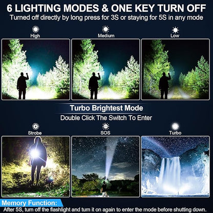 Flashlights High Lumens Rechargeable, 20,000 Lumens Super Bright 1500 Meters Long Range Small Powerful Flashlight, 6 Modes LED Tactical Pocket Waterproof Flash Light for Home Emergency (2, Blue)
