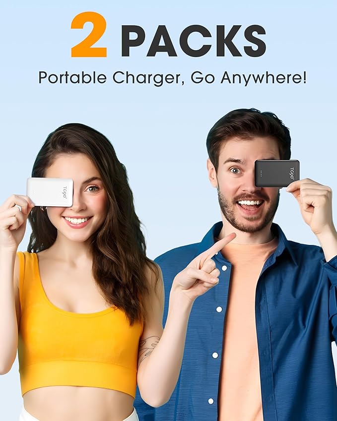 TG90° 2 Pack Portable Charger with Built-in Foldable AC Wall Plug and Cables, 5000mAh 3 Outputs Battery Pack Mini External Power Bank Compatible with iPhone and Android Smart Devices