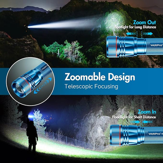 WdtPro Rechargeable Flashlights High Lumens, 1 Pack Super Bright LED Small Tactical EDC Flashlight with 10H Runtime, Portable Flash light for Camping, Home, Emergency Essentials Blue(Battery Included)