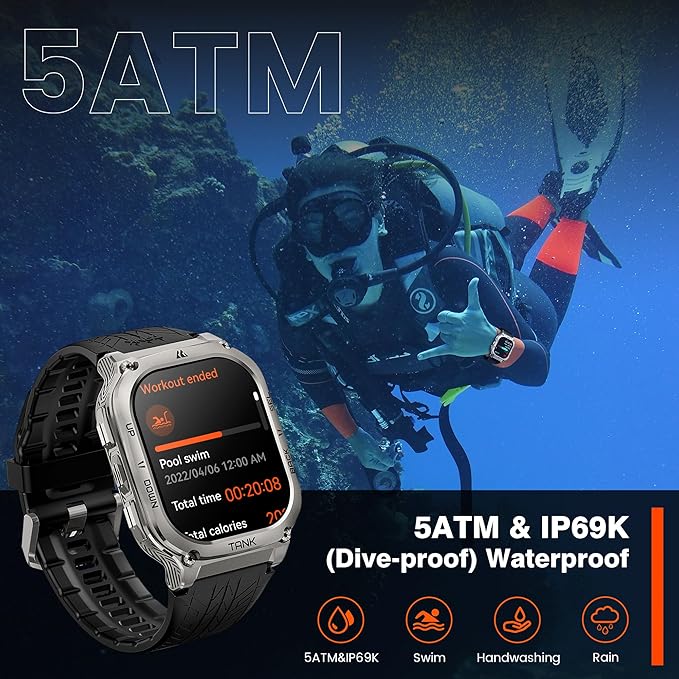 AMAZTIM Smart Watch, 60 Days Extra-Long Battery, 5ATM Waterproof Swimming Diving, Full Metal Military Grade, Answer/Make Call, 2" AMOLED Display, Health Monitor Compatible for iPhone and Android
