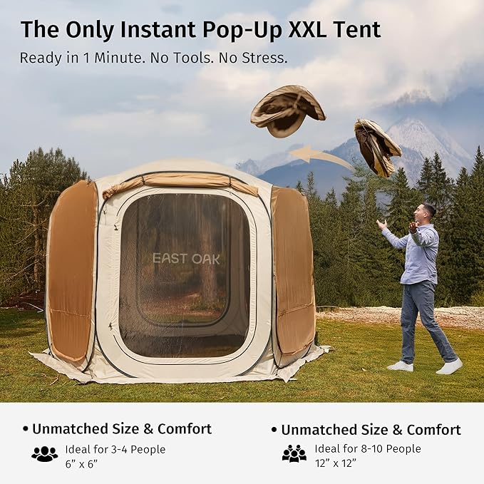 East Oak 12×12 FT Pop Up Canopy Tent with Mesh | Outdoor Screen House with 4 Sunshades | Instant Canopy with Portable Carry Bag | Gazebo Tent for Camping, Patio, and Beach | Beige