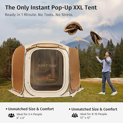 East Oak 12×12 FT Pop Up Canopy Tent with Mesh | Outdoor Screen House with 4 Sunshades | Instant Canopy with Portable Carry Bag | Gazebo Tent for Camping, Patio, and Beach | Beige