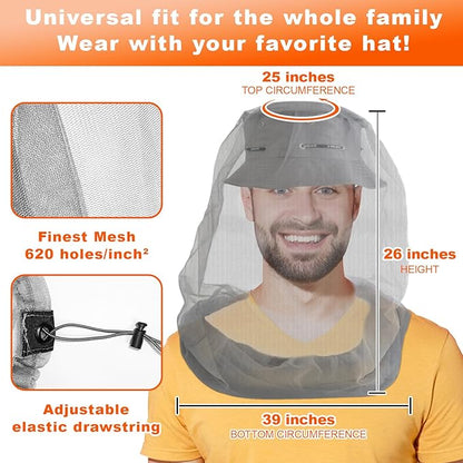 South to East Premium Mosquito Head Net for Insect 2 Pack, Ultra Large & Long, Extra Fine Holes, Fly & Bug Protection Gear for Camping, Hiking, Fishing, Gardening, Safari, Fit All Hats, Grey