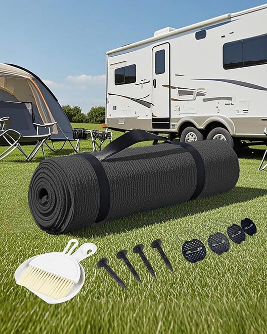 FoundGo Awning Carpet HDPE Camping Outdoor Rug with Eyelets,Nails,Broom,for RV,Patio,Backyard,Picnic,Beach,Trailer 8'*20' (2.44 * 6.1m) -Black