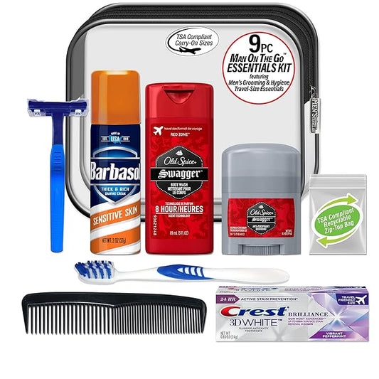 Convenience Kits International Men's Deluxe, 9-Piece Kit with Travel Size TSA Compliant Essentials, Featuring: Old Spice Products in Reuseable Toiletry Bag (Pack of 3)