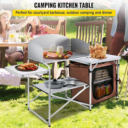 VEVOR Camping Kitchen Table, Aluminum Portable Folding Camp Cook Station with Windscreen, Cupboard, Storage Organizer, Carrying Bag, Quick Installation for Outdoor Picnic Beach BBQ RV Traveling, Brown
