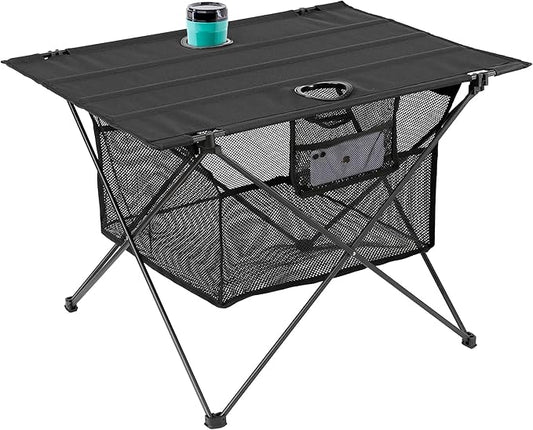 Lightweight Portable Fabric Camping Table with Cup Holders - Fold Up Beach Side Table with Large Storage Basket, Collapsible & Compact for Fishing Outdoor Picnic, 29.2" W x 21.7" D (Black)