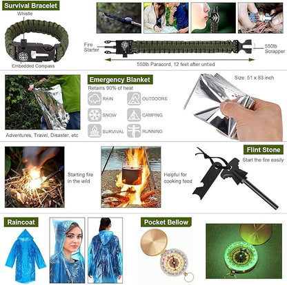 Survival Kit, 32 in 1 Professional Emergency Survival Gear Equipment Tools First Aid Supplies with Molle Pouch Gifts Ideas for Men Families SOS Tactical Hiking Hunting Disaster (Green)
