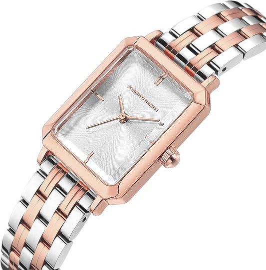 Roberto Marino RM1982 Women’s Luxury Watch Rectangular Gold – Japanese Quartz Movement, Vintage Stainless Steel Design, Silver Dial, Elegant Dress Timepiece, 3ATM Water Resistant – Reloj para Mujer