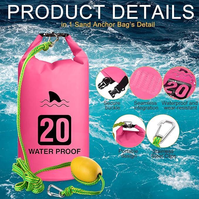 4 Set 2 in 1 Sand Anchor and Buoy Kit Floating Bag Kayak Anchor Waterproof Dry Bag for Lake Beach Boats Watercrafts Hiking Camping Water Sports Surfing Tubing Kayaking(Rose Red)