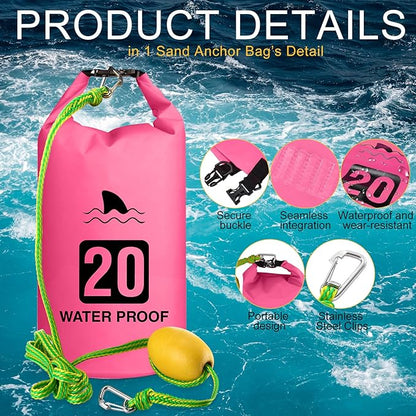 4 Set 2 in 1 Sand Anchor and Buoy Kit Floating Bag Kayak Anchor Waterproof Dry Bag for Lake Beach Boats Watercrafts Hiking Camping Water Sports Surfing Tubing Kayaking(Rose Red)