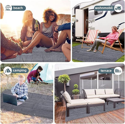 FoundGo Awning Carpet HDPE Camping Outdoor Rug with Eyelets,Nails,Broom,for RV,Patio,Backyard,Picnic,Beach,Trailer 9'*18' (2.74 * 5.49m)-Blue Grey
