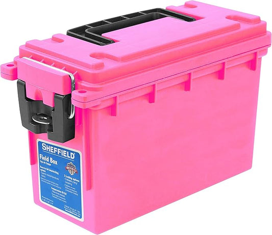 Sheffield 12631 Ammo Storage Box, Stackable .30 Cal Field Boxes, Water and Dust Resistant, Lockable Storage Box with Handle, Secures Hunting Gear, Supplies, and Bullets, Made in USA, Pink, 1-Pack