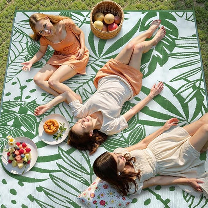 Anidaroel Leaf Outdoor Rugs 6x9ft for Patios Clearance Waterproof, Reversible Tropical Plastic Straw Camping Mat Outside Rug, Large Outdoor Area Rug for RV, Deck, Balcony, Picnic(Green,6'x9')