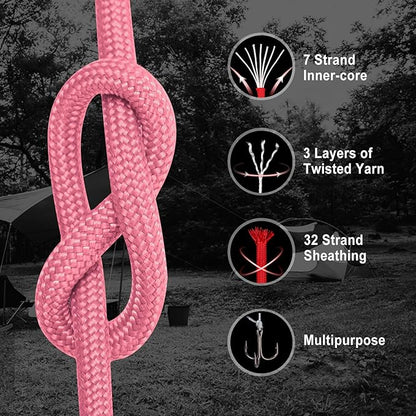WEREWOLVES Paracord Rope, 7 Strand Type III Parachute Cord 4mm 100ft / 200ft for Crafting, DIY Projects, Survival Bracelets (Pink, 100 ft)