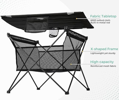 Lightweight Portable Fabric Camping Table with Cup Holders - Fold Up Beach Side Table with Large Storage Basket, Collapsible & Compact for Fishing Outdoor Picnic, 29.2" W x 21.7" D (Black)