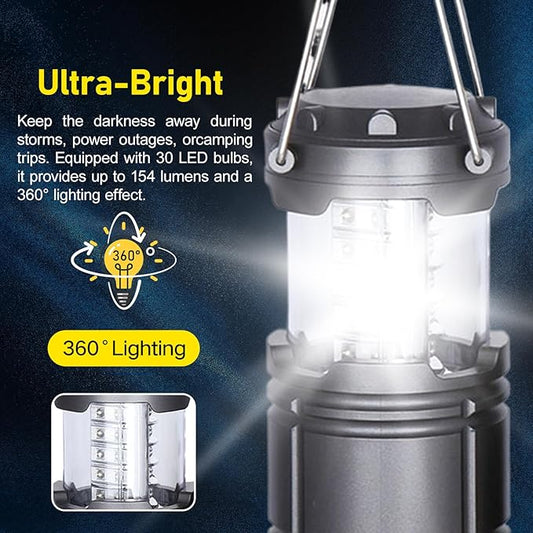 Lantern Camping Essentials Lights, Led Flashlight for Power Outages, Tent Lights for Emergency, Survival Gear and Supplies for Hurricane, Battery Operated Lamp, 4 Pack, Black